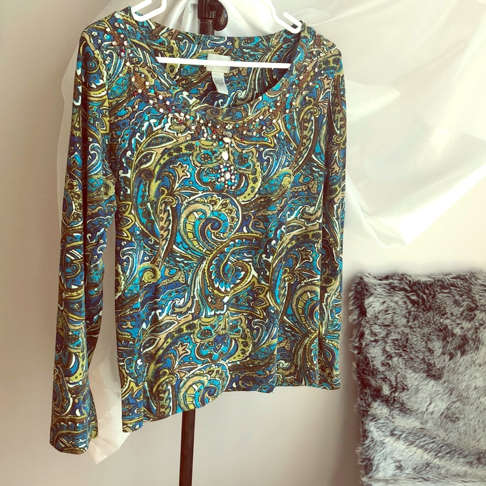 CHICO’S beaded scoop neck paisley print tee